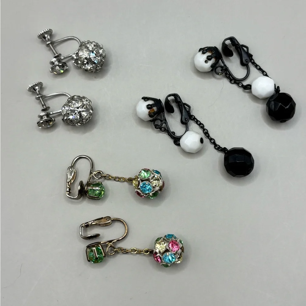 3 Pair Vintage Chandelier Drop Dangle Clip Earrings Weiss & Unmarked